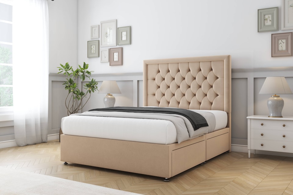 image 1 of Sloomy Montana Pebble Plush Divan Bed With Mattress 2 Drawers Footend With 26" Strutted Headboard 4'6 Double | Brown | Pebble | Double | 1