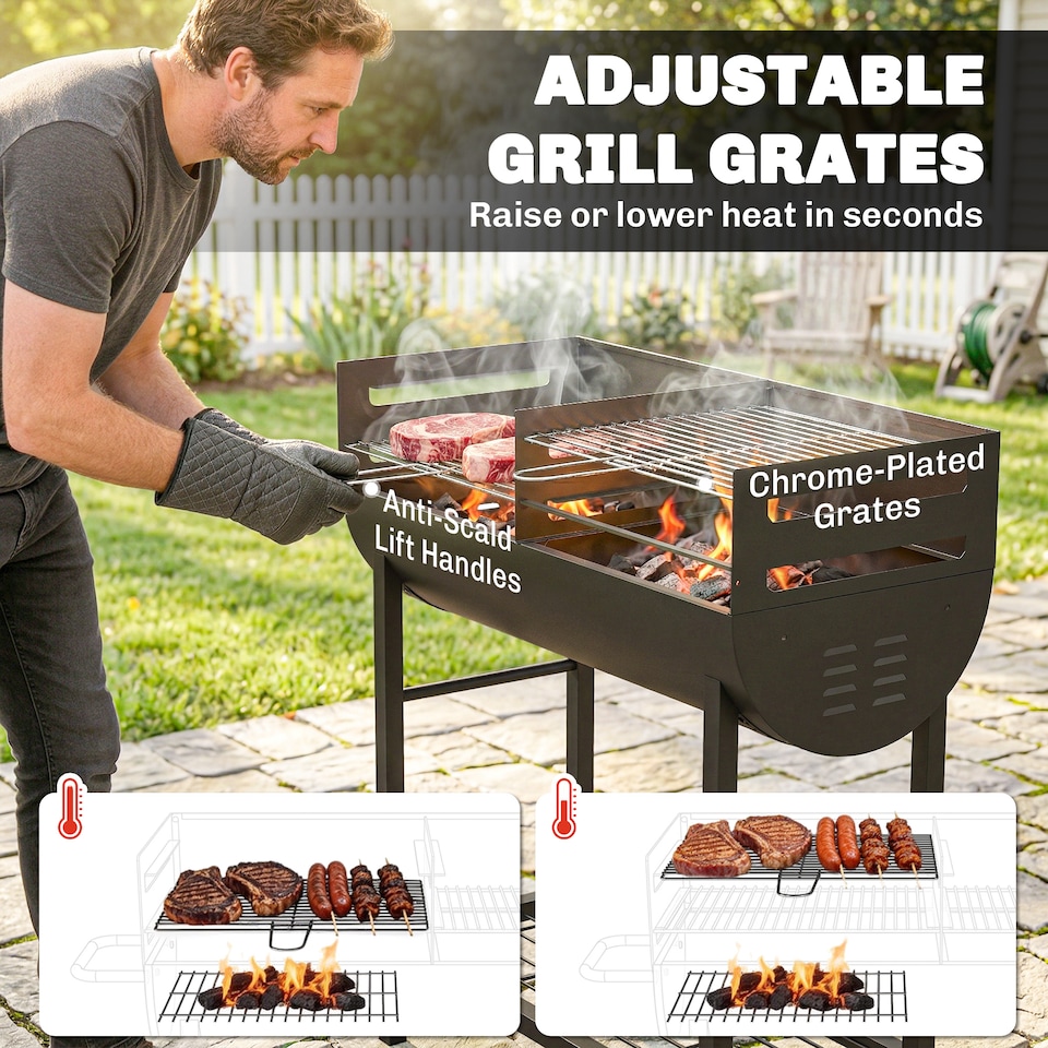 image 1 of Outsunny Charcoal Barbecue Grill with 2 Cooking Areas, Wheels | Black | Black | 103L x 46.5W x 100H cm