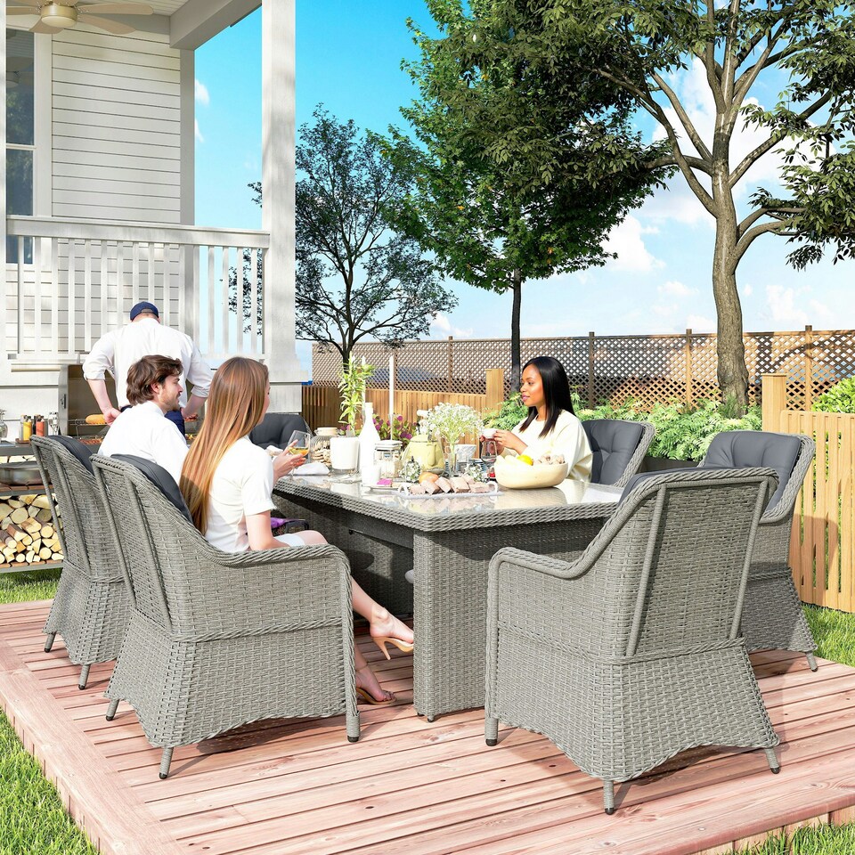 image 1 of Outsunny 6 Seater Rattan Dining Set with Glass Top Table and Cushions, Grey