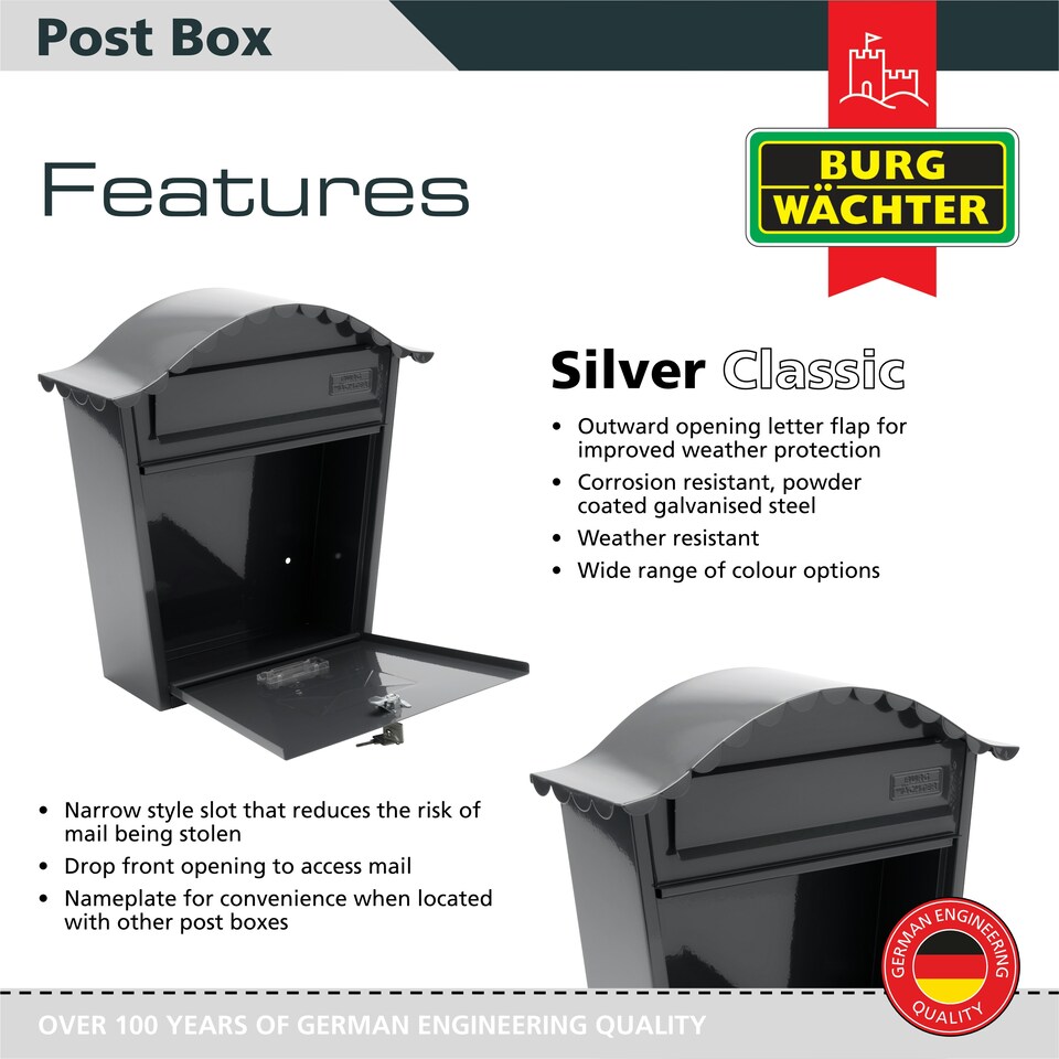image 1 of Burg-Wachter Classic Wall Mounted Galvanised Steel Lockable Weatherproof Post Box - 36x37x13cm N/A | Anthracite