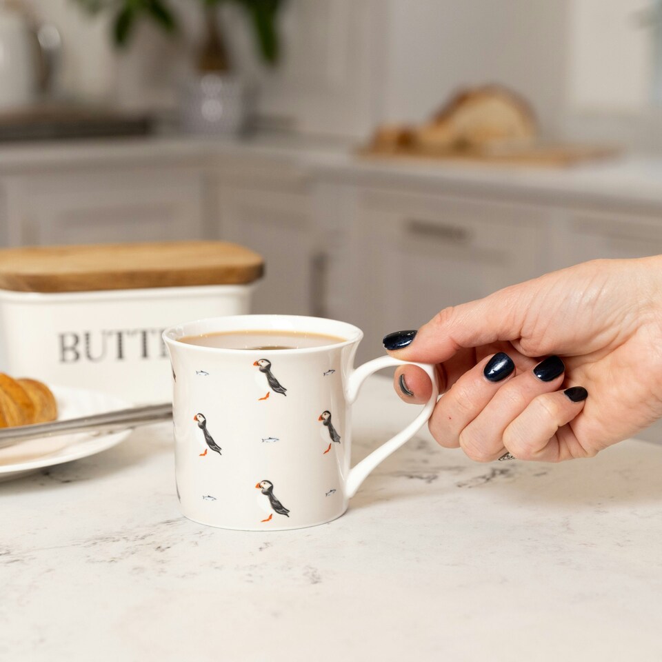 image 1 of KitchenCraft Fluted Fine Bone China Puffin Mug | White