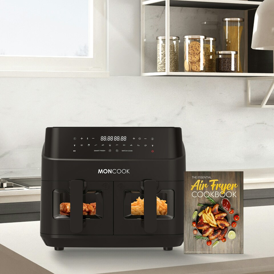 image 1 of MONCOOK Dual Air Fryer - 12 In 1 Dual Airfryer 9L With 2 x 4.5L Baskets - 50 Recipe Cookbook - Digital LED Display - Viewing Glass