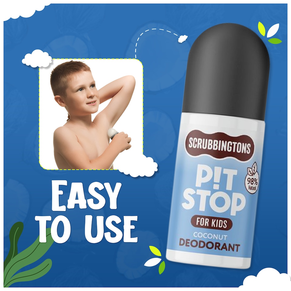 image 1 of Scrubbingtons Pit Stop Kids Deodorant Natural Roll On For Children, Teens. Natural Ingredients For Sensitive Skin Paediatrician approved, Aluminium & Alcohol Free, Coconut, 75ml | White | White | 1