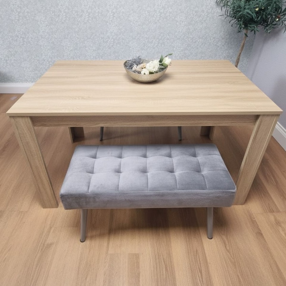 image 1 of Oak Effect Dining Table with 2 Grey Velvet Benches  Dining Set