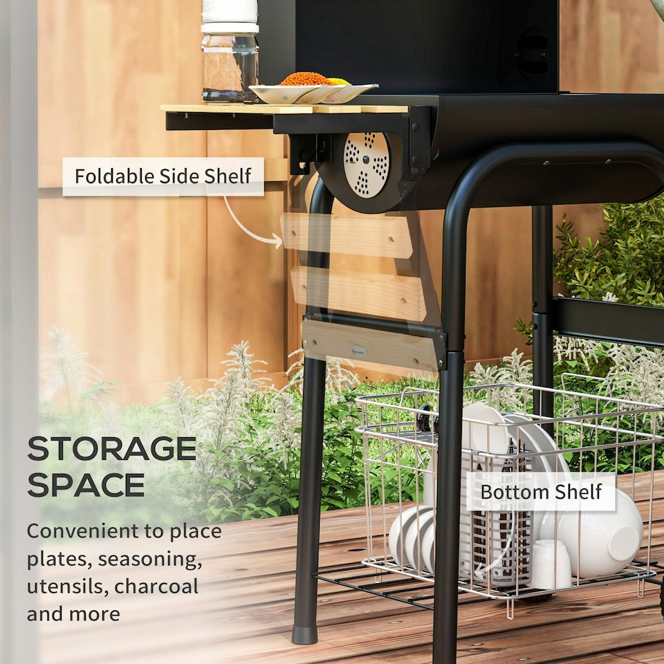 image 1 of Outsunny Charcoal Barbecue BBQ Grill Trolley W/ Shelves, Lid and Thermometer