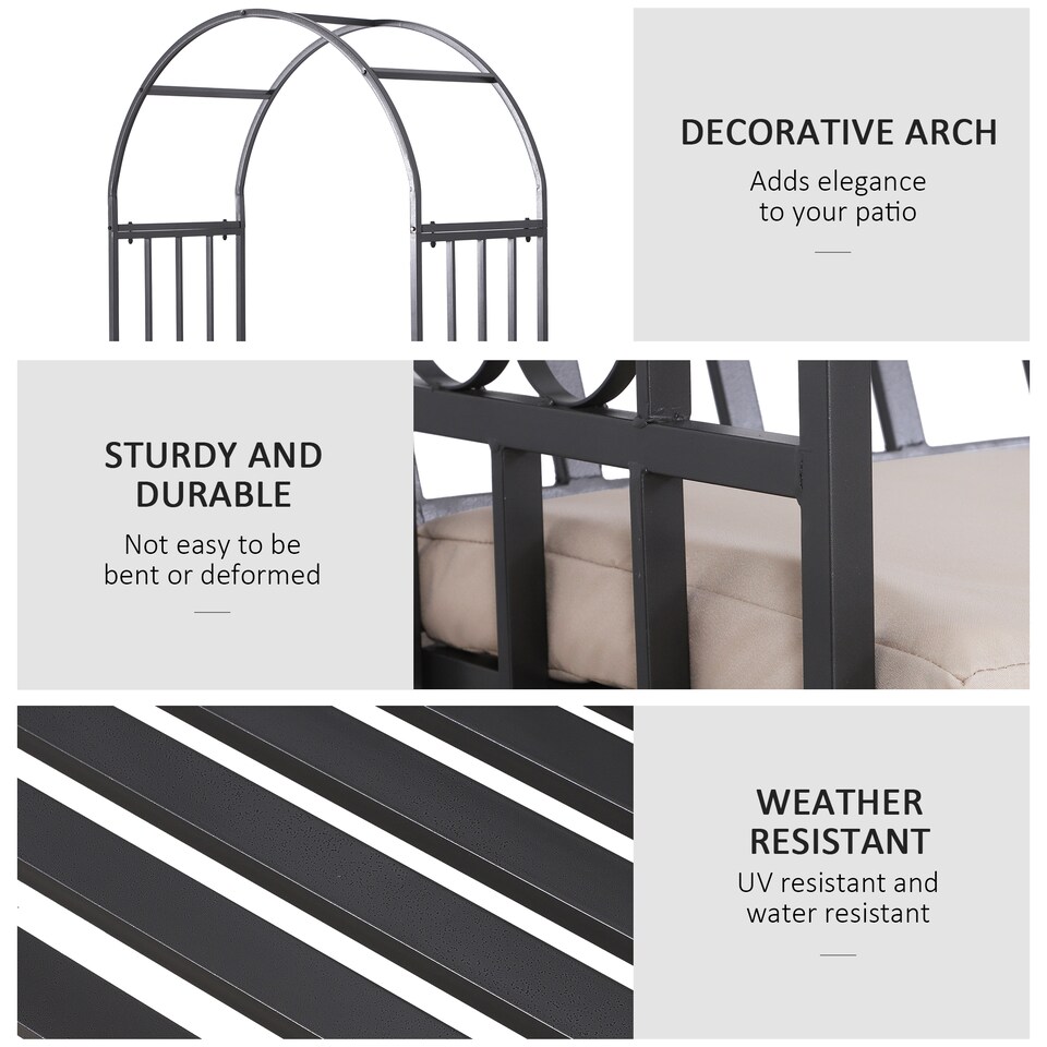 image 1 of Outsunny Garden Metal Arch Bench, Outdoor Furniture Chair with Cushion Outdoor Patio Rose Trellis Arbour Pergola, for Climbing Plant 114L x 60W x 206H cm