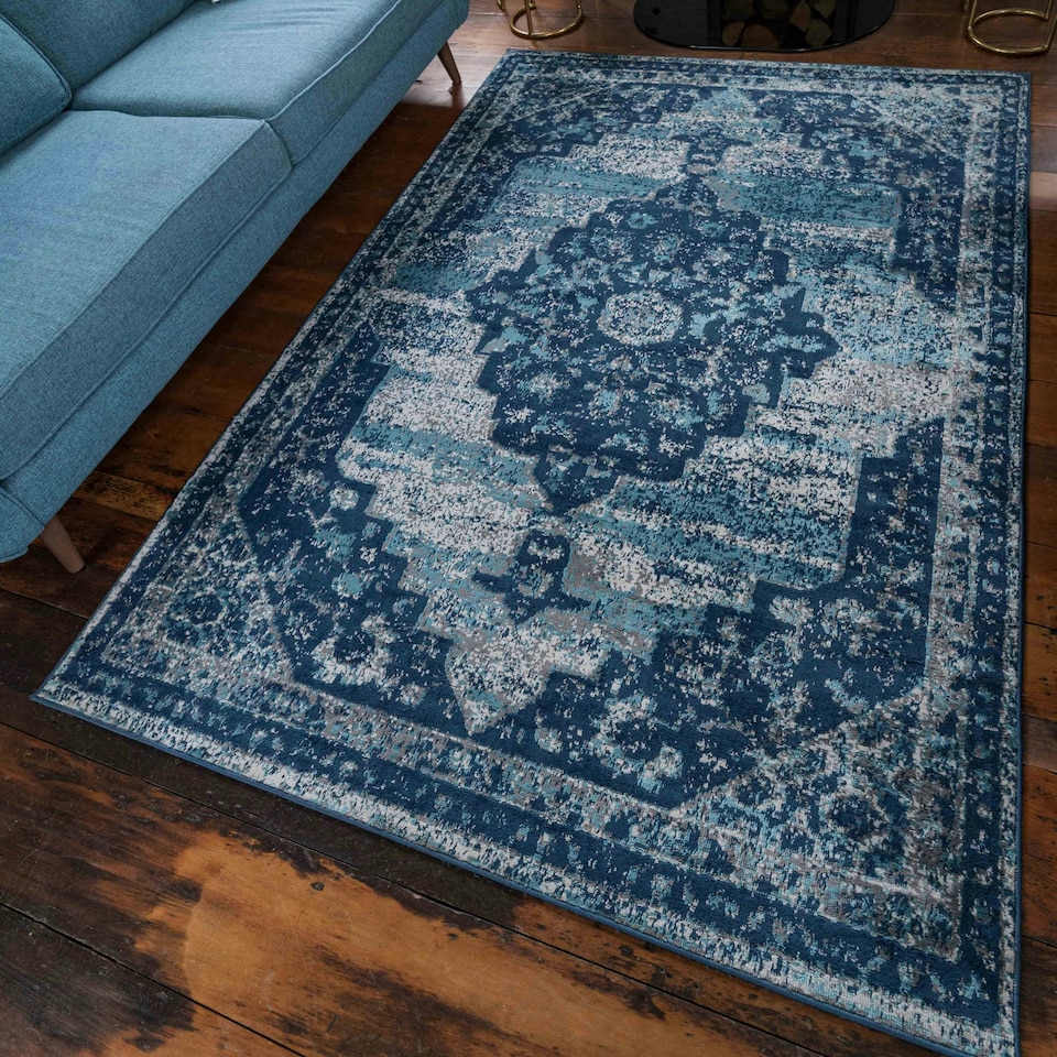 image 1 of KUKOON Navy Blue Traditional Medallion Bordered Living Area Rug 80cm x 150cm | Blue