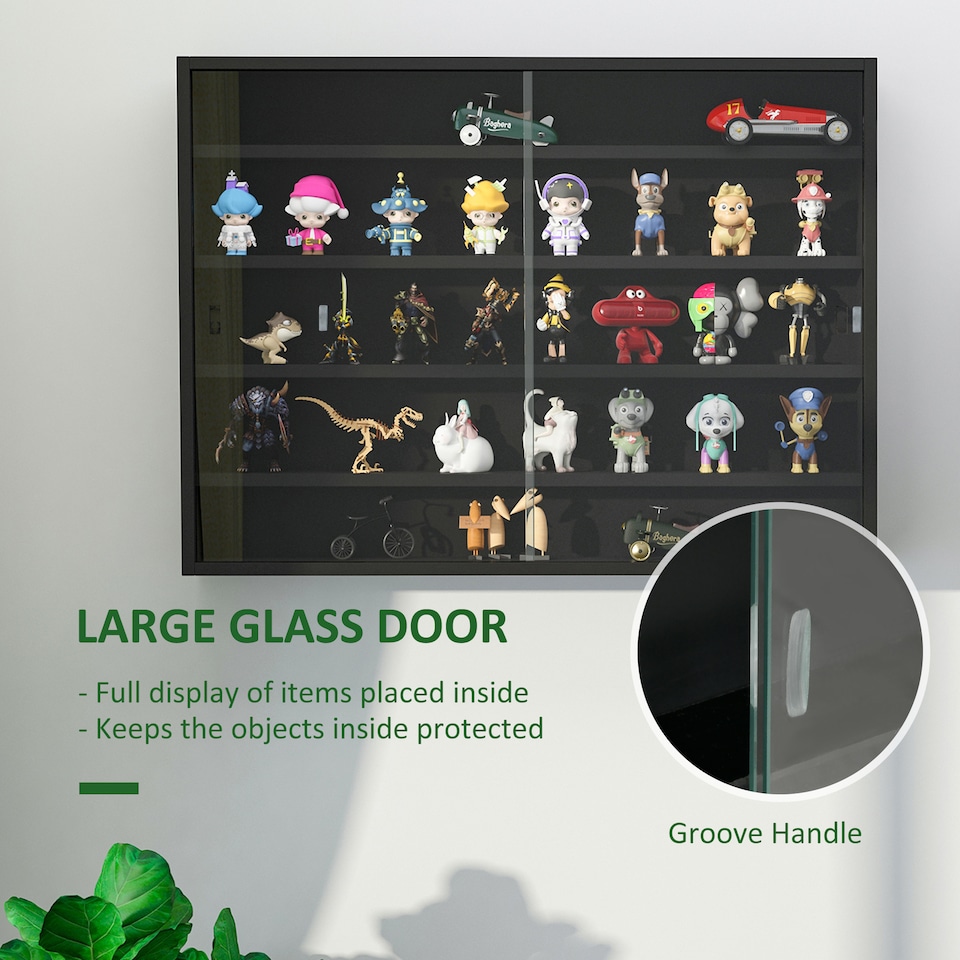 image 1 of HOMCOM 5-Tier Wall Display Shelf Unit Cabinet w  4 Adjustable Shelves Glass Doors Home Office Ornaments 60x80cm Black