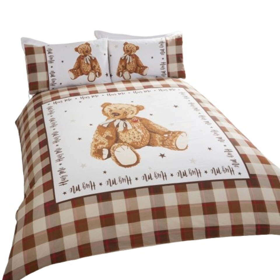image 1 of Hug Me Bear Check Polycotton Duvet Cover Set with Pillowcase Brown | Natural | Single