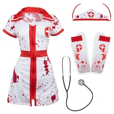 Bloody Nurse Costume - with Stockings & Stethoscope Red | L