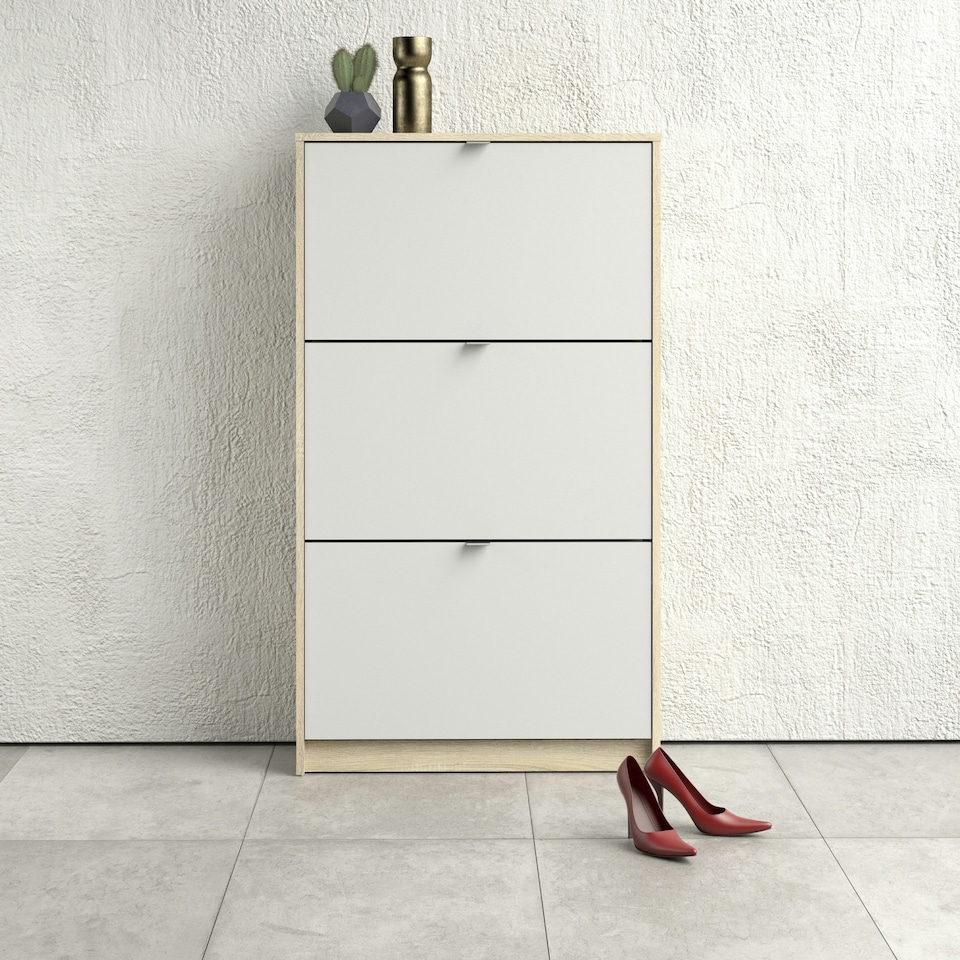 image 1 of Shoes Shoe Cabinet 3 Flip Down Doors and 2 layers Oak structure White