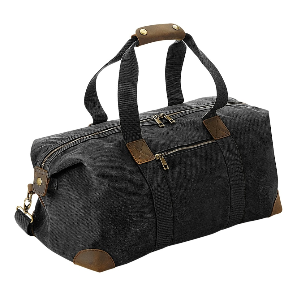 image 1 of Quadra Heritage Leather Accented Waxed Canvas Holdall - Black - One Size