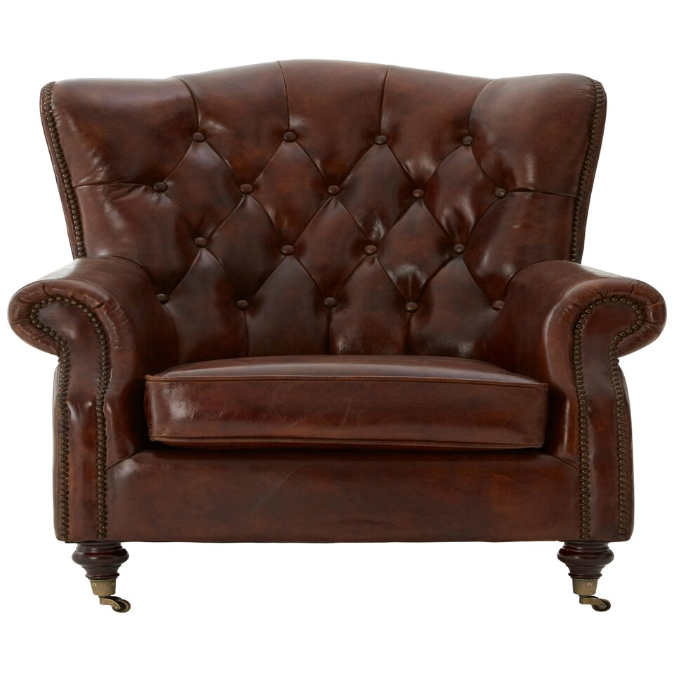 image 1 of Brown Leather Scroll Armchair, Lounge Chair With Quilted Backrest,Walnut Wooden Chair With Stud Details Brown