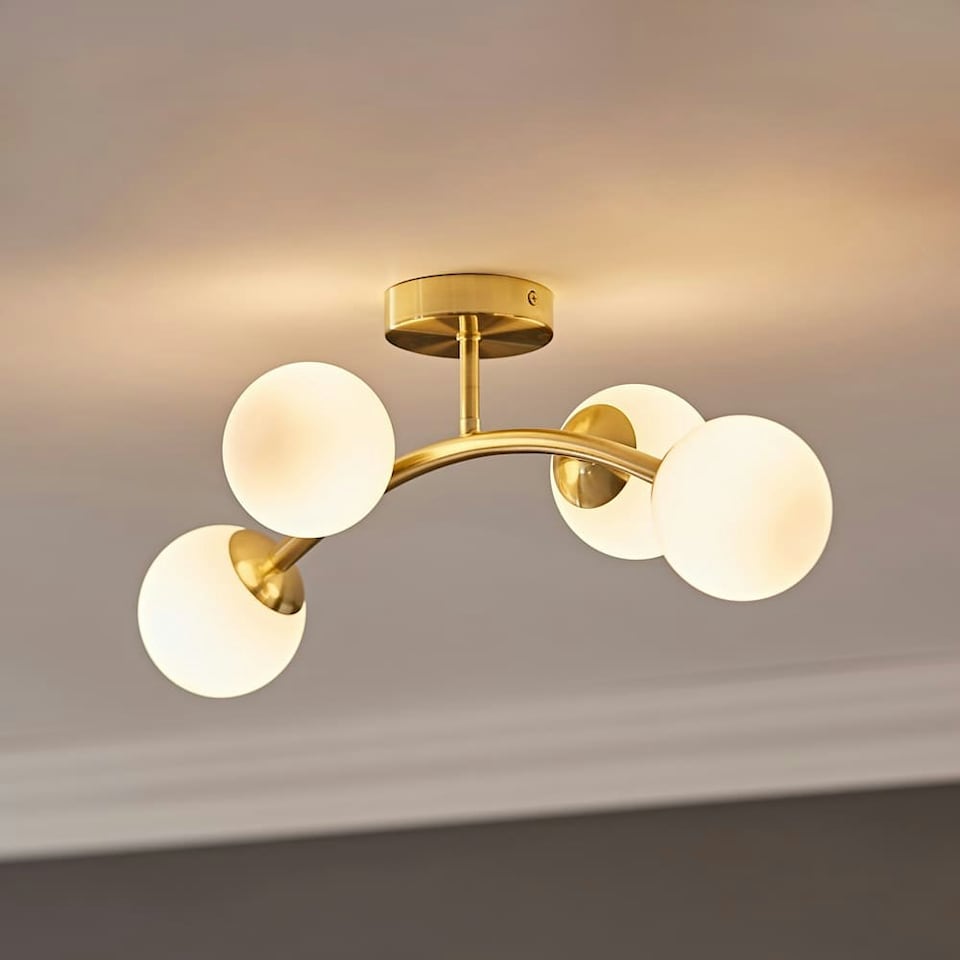 image 1 of ValueLights Jas Gold 4 Way Ceiling Light with Opal White Frosted Glass Globe Shades | Gold