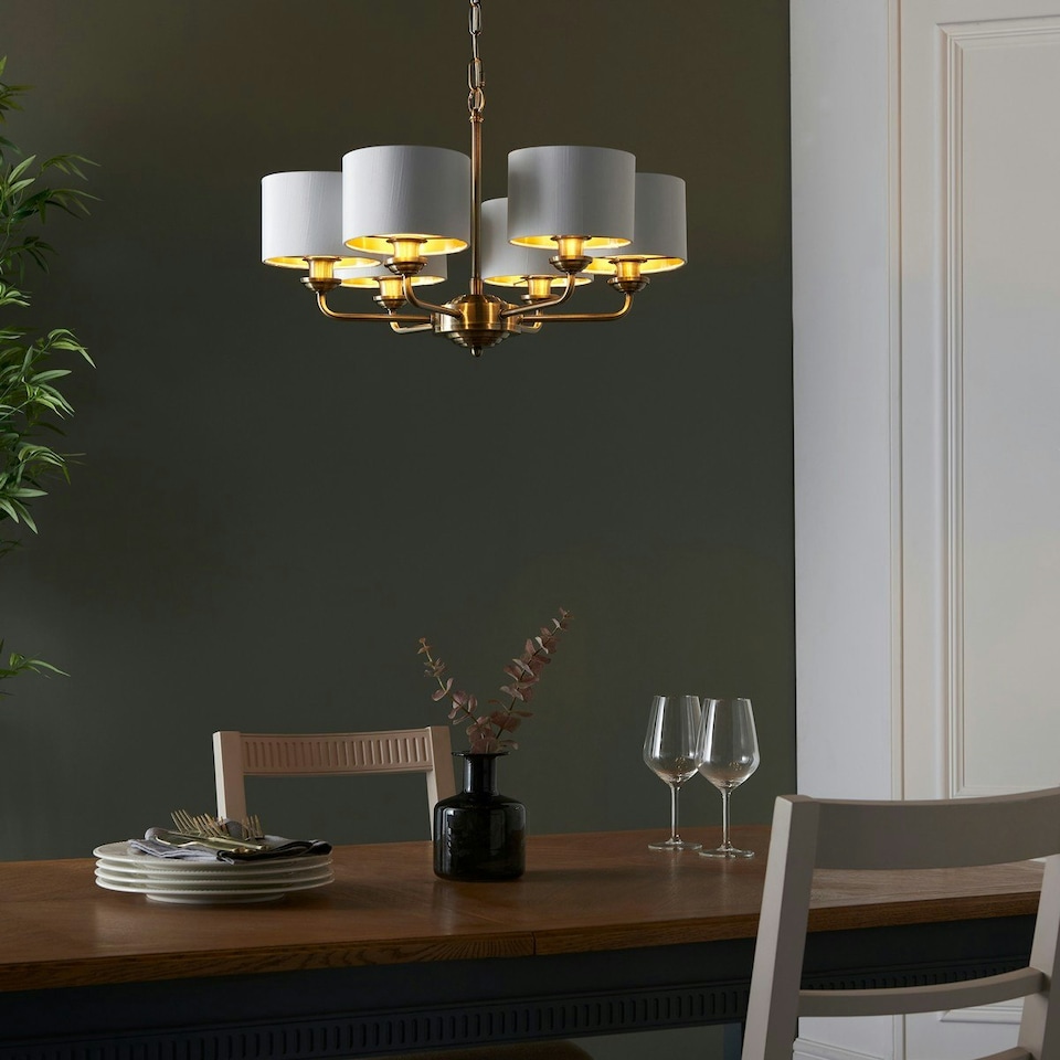 image 1 of Highclere Multi Arm Shade Pendant Ceiling Lamp, Antique Brass Plate, Vintage White Fabric