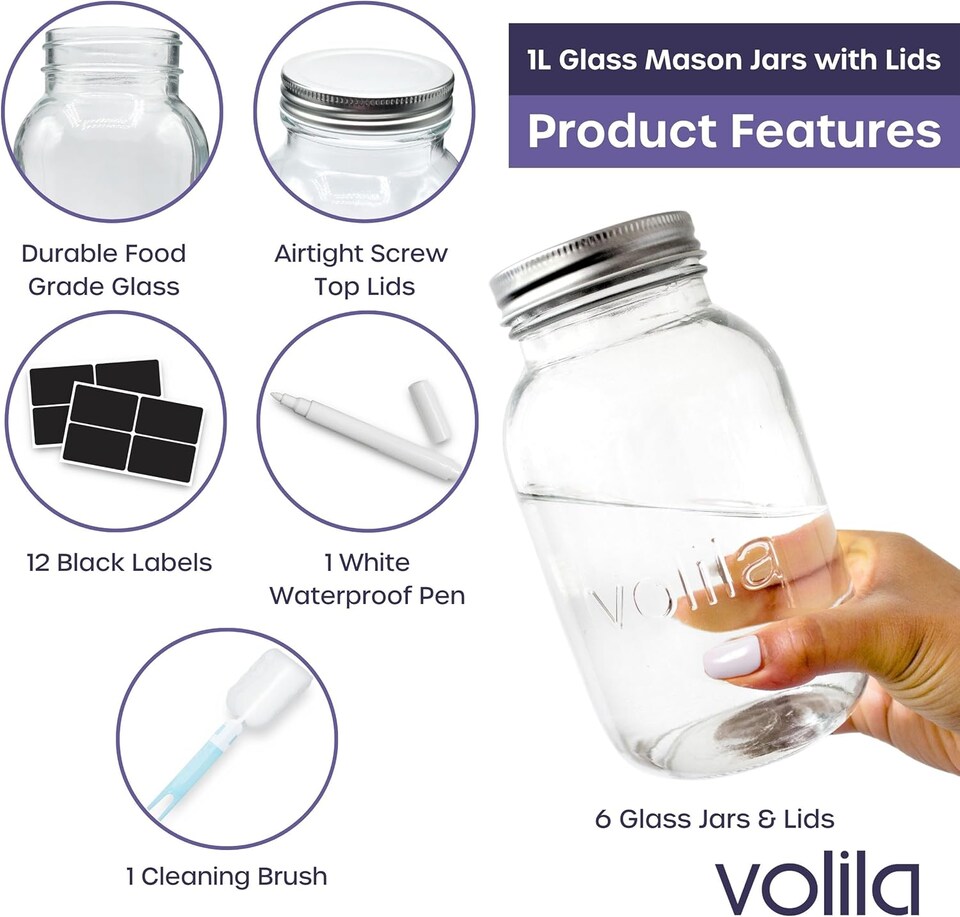 image 1 of 1L Mason Jar - Leakproof Glass Jar with Airtight Lid, Labels, Chalk Pen & Cleaning Brush | Clear | Clear | 1000ml - 6 Pack | 6