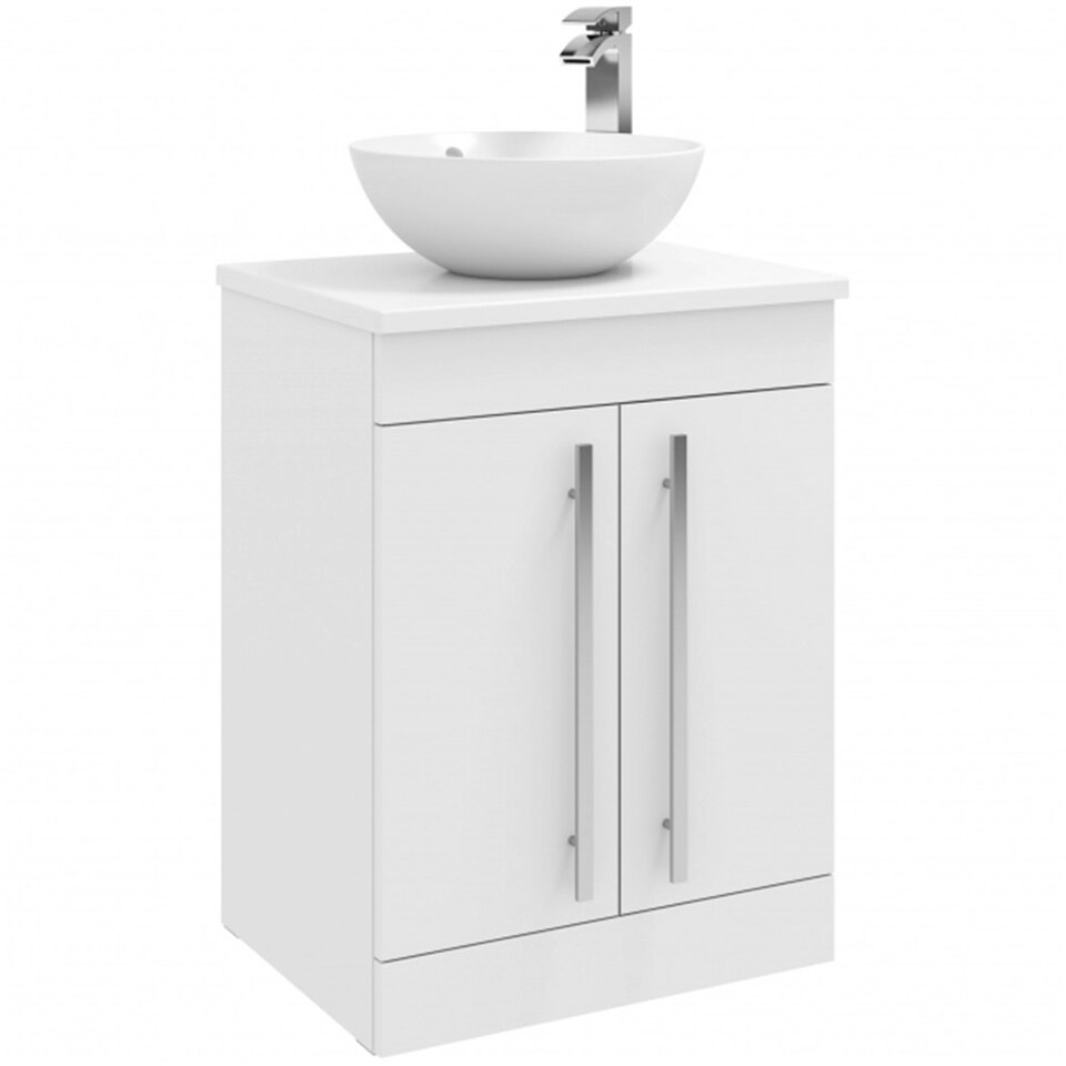 image 1 of Bathroom 2-Door Floor Standing Vanity Unit with Sit-On Basin and Worktop 600mm Wide - White  - Brassware Not Included | White | White | 1