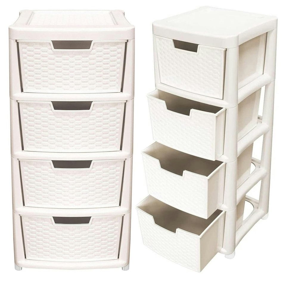 image 1 of 1 x Large Cream Spacious Rattan 4 Drawer Stylish Plastic Modular Storage Tower Unit For Home & Offices Cream
