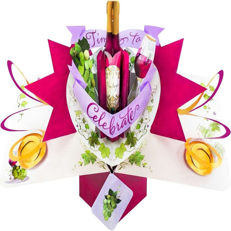 image 1 of Red Wine Pop Up Greeting Card Time To Celebrate Birthday Or Any Occasion 3D Cards