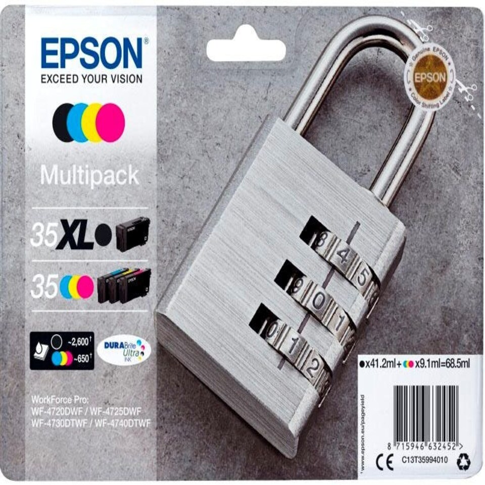 Epson 35/35XL Padlock Black Cyan Magenta Yellow High Capacity Ink Cartridge Multipack 41ml + 3 x 9.1ml (Pack 4) - C13T35994010 N/A
