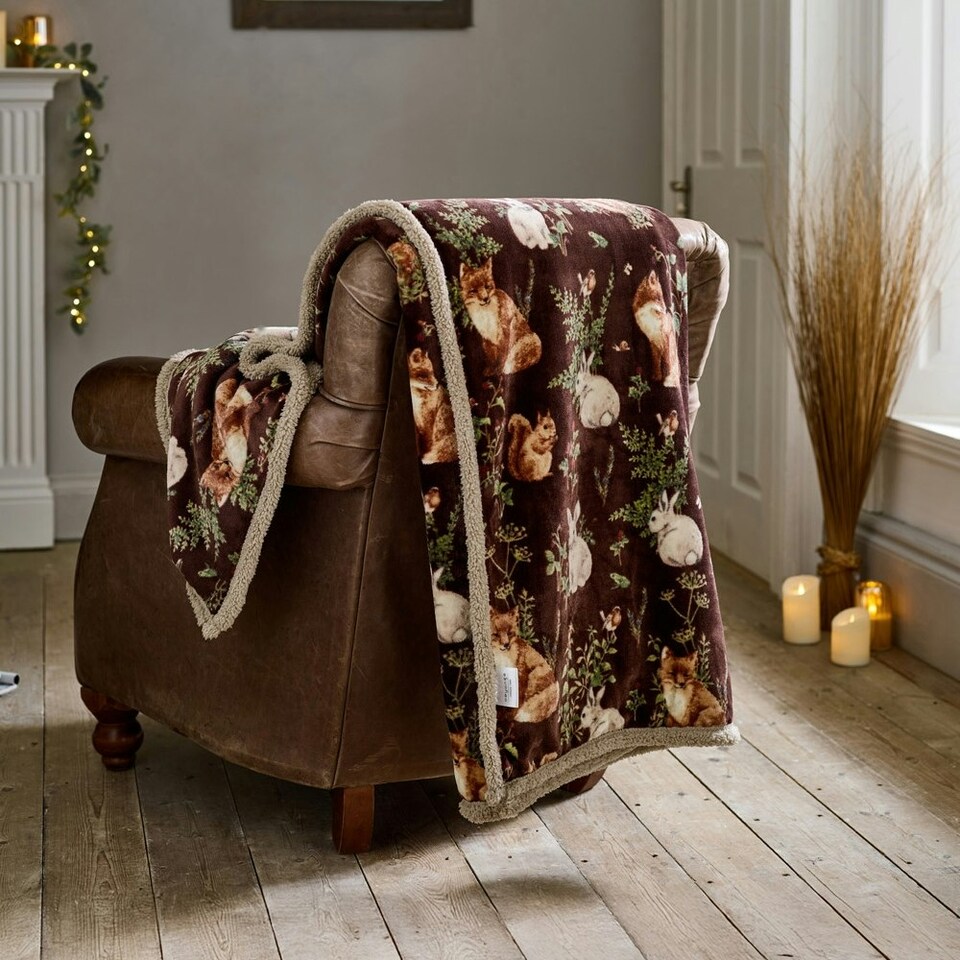 image 1 of Woodland Wildlife Forest Animal Flannel Throw with Sherpa Back – 140x180cm Red | Wine