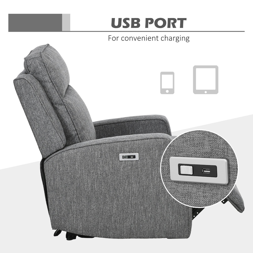 image 1 of HOMCOM Electric Armchair, Fabric Recliner Chair with USB Port, Charcoal Grey