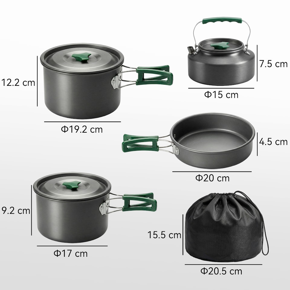 image 1 of Outsunny Camping Cookware Set for 4-5 People, Aluminium Camping Cook, Grey | Grey | Grey / Green | Φ20.5 x 15.5 cm