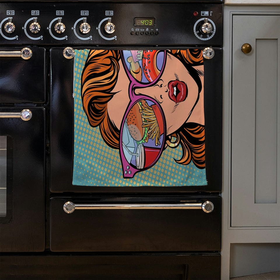 image 1 of Woman with sunglasses. Fast food and sweets in the reflection (Kitchen Towel)
