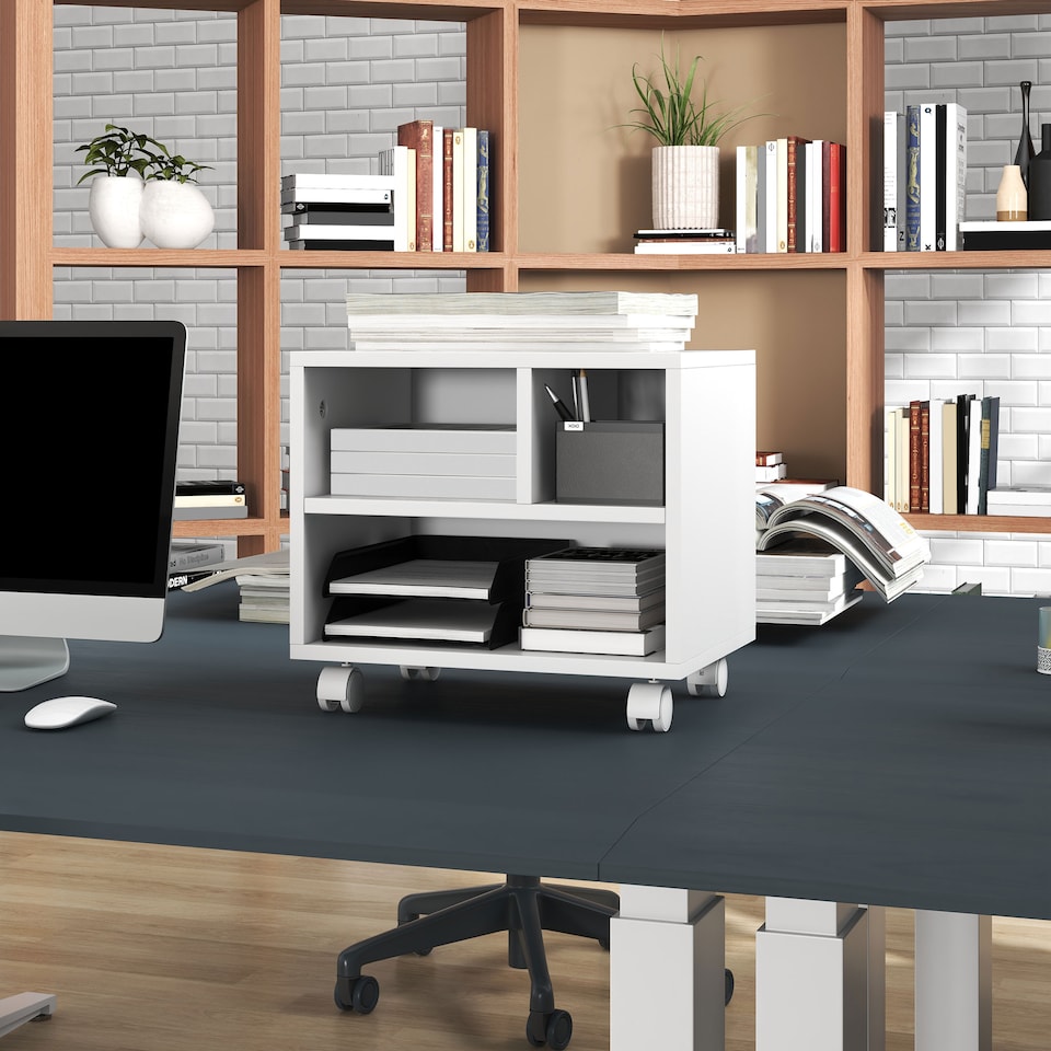 image 1 of HOMCOM 2-Tier Printer Stand with Storage, Under Desk Printer Cart on Wheels with 3 Compartments, Desktop Printer Table for Home Office, White