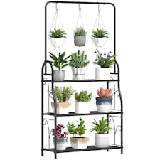Outsunny 3 Tier Plant Stand Hanging Hooks for Balcony Living Room, Black | Black | Black