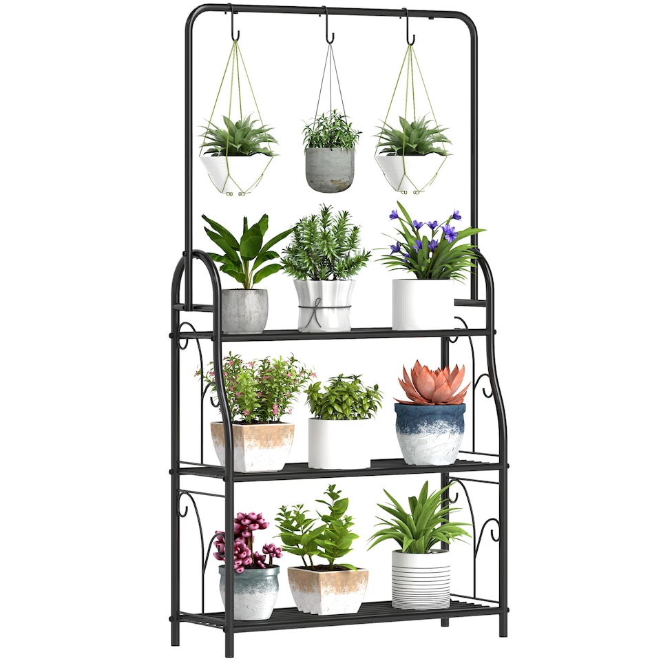 image 1 of Outsunny 3 Tier Plant Stand Hanging Hooks for Balcony Living Room, Black | Black | Black