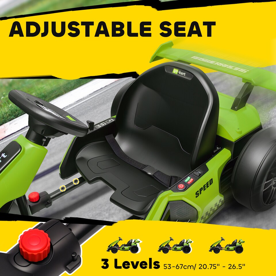 image 1 of HOMCOM 24V Electric Go Kart for Kids, Ride On Racing Kart with Adjustable Seat, Battery Powered Drifting Ride On Car with Music, Light, Slow Start, Button Start, Horn, for 6-12 Years, Green
