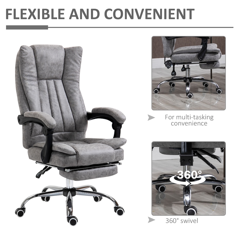 image 1 of Vinsetto Office Chair, Microfibre Reclining Computer Desk Chair with Footrest and Adjustable Height, Swivel Wheels for Home Office, Grey