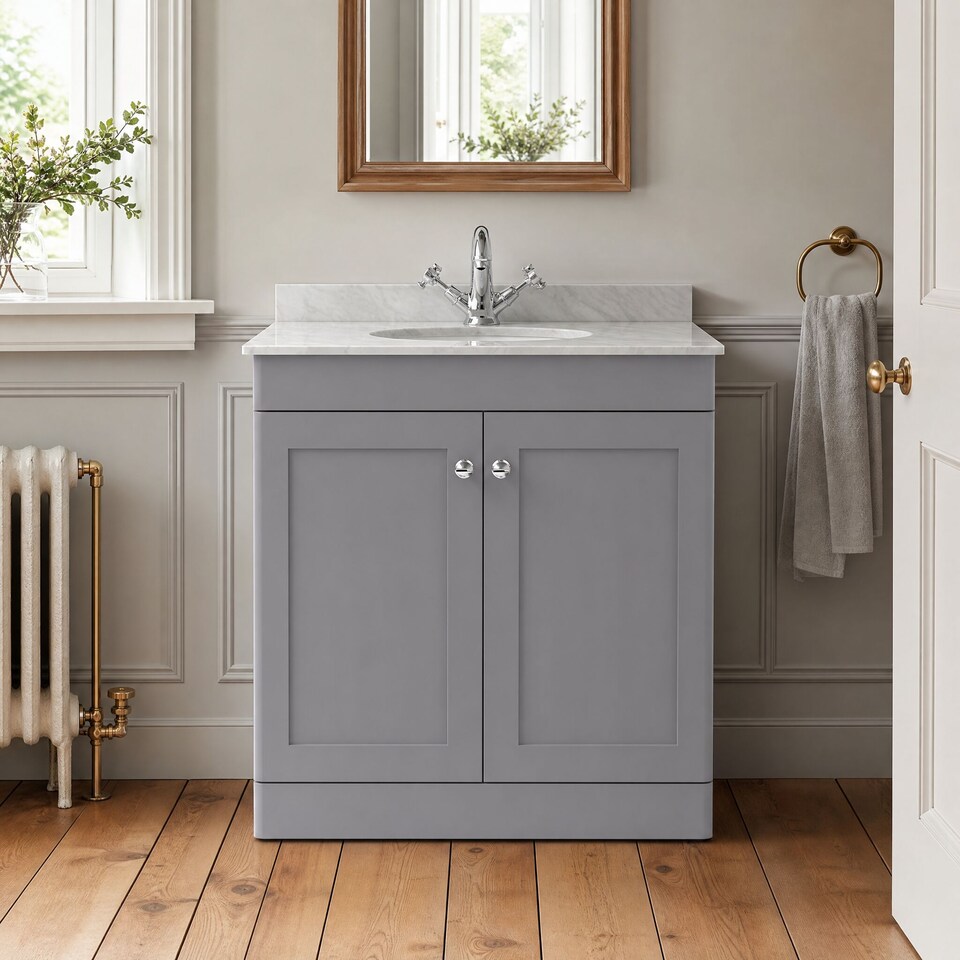 image 1 of Balterley Swynnerton Traditional 2 Door Floor Standing Vanity Unit with Marble Basin, Satin Grey, 800mm