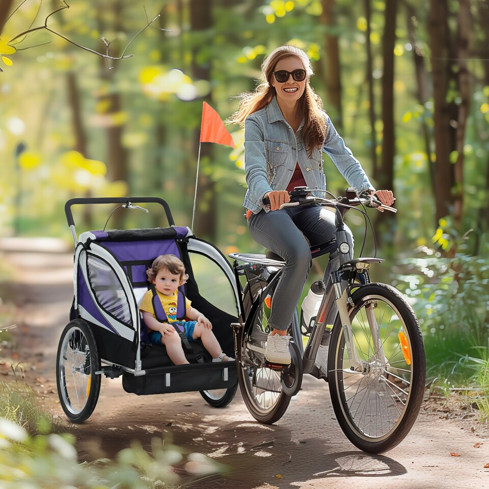 image 1 of HOMCOM 2 Seat Child Bike Trailer, Baby Bicycle Trailer for 2 Kids, Purple
