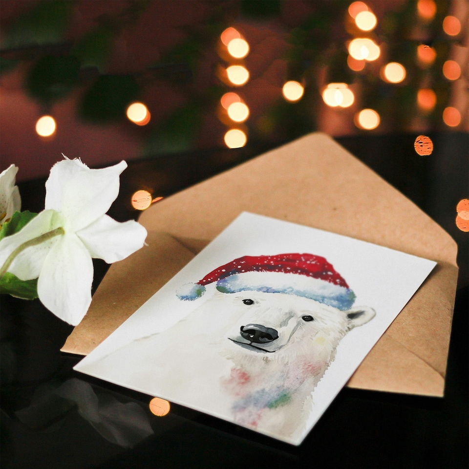 image 1 of Polar Bear Santa Hat Bright Festive Fun Xmas Art Blank Christmas Card