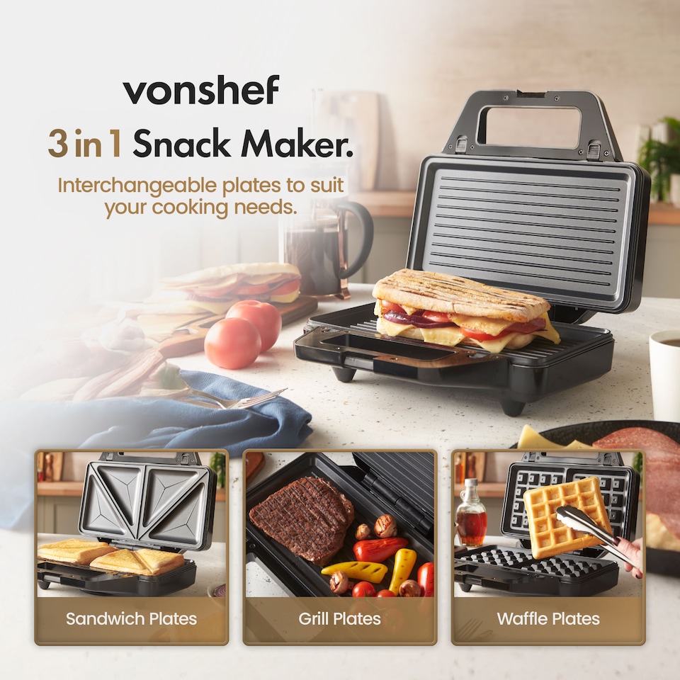 image 1 of VonShef 3 in 1 Snack Maker for Toasties, Waffles & Paninis