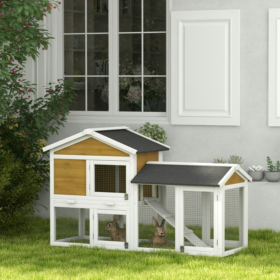 image 1 of PawHut Rabbit Hutch, Guinea Pig Hutch Outdoor Double Tier w/ Ramp, Yellow