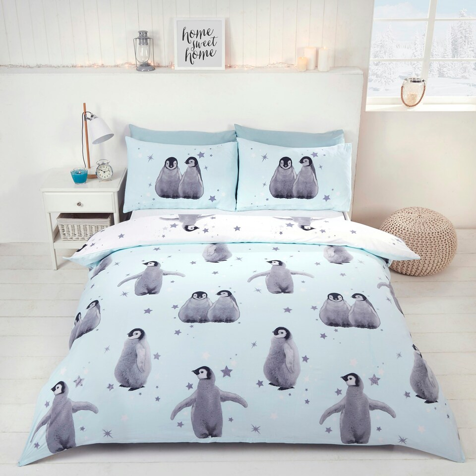 image 1 of Starry Penguins Polycotton Duvet Cover Set With Pillowcase | Pink | King | 1