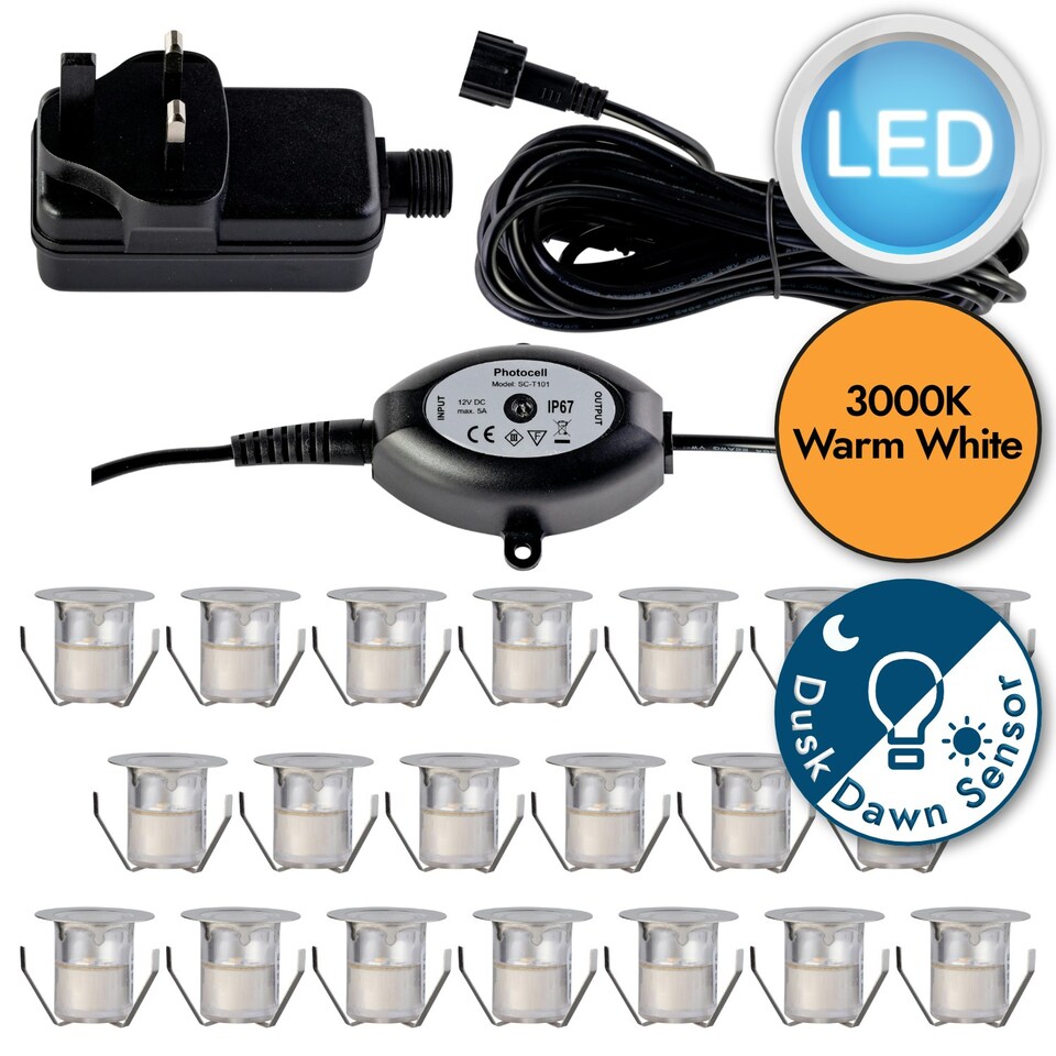 image 1 of Set of 20 - 30mm IP67 Warm White LED Decking Kit with Photocell Chrome | Clear