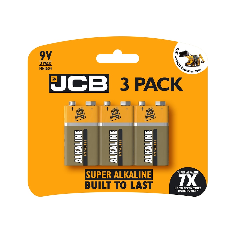 JCB 9V Alkaline Batteries - Pack of 3 | Multi | 9V | 1