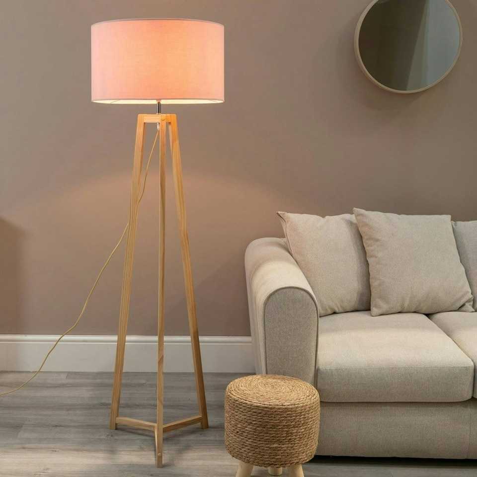 image 1 of ValueLights Lottie Natural Wood Tripod Floor Lamp with Blush Pink Fabric Drum Shade