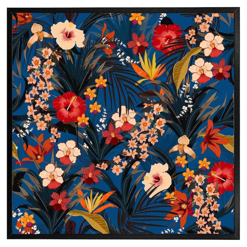 image 1 of Bright red & orange tropical flowers & plants (Picture Frame) Brown | Oak | M