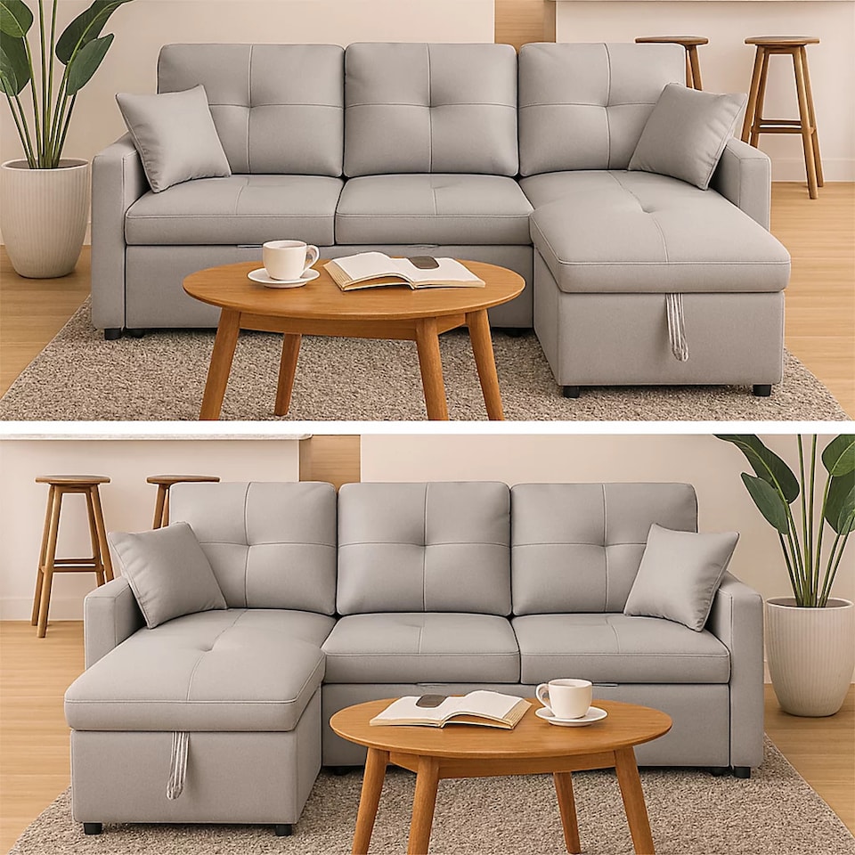 image 1 of Milano 3 Seater L Shape Pullout Sofa Bed with Deep Storage Compartment & Reversible Chaise | Grey | 1