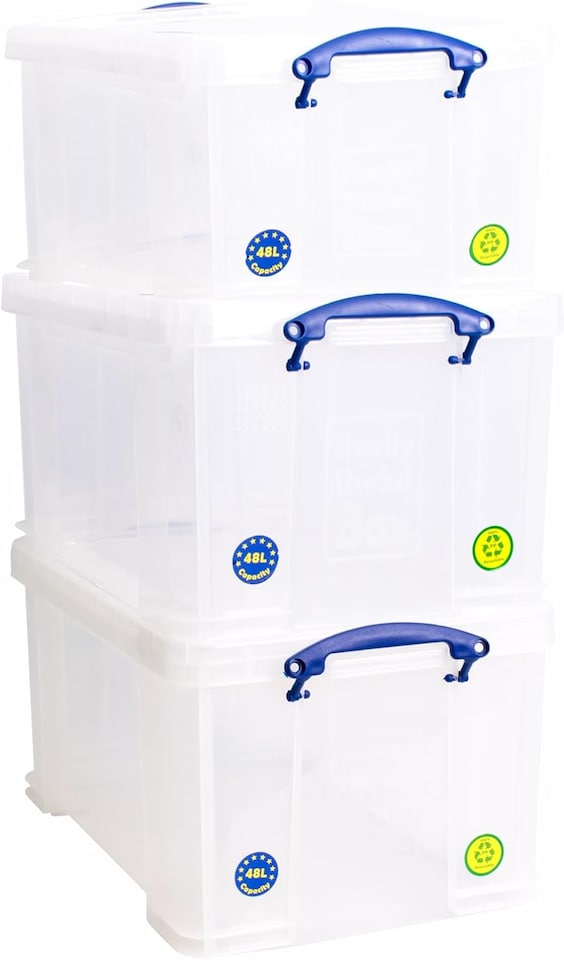 image 1 of Really Useful Plastic Storage Box 48 Litre CLEAR Pack of 3