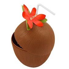 Hawaiian Reusable Coconut Cup with Flower and Drinking Straw