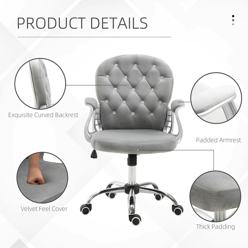 image 1 of Vinsetto Office Chair Velour Diamond Tufted Padded Ergonomic 360° Swivel Grey