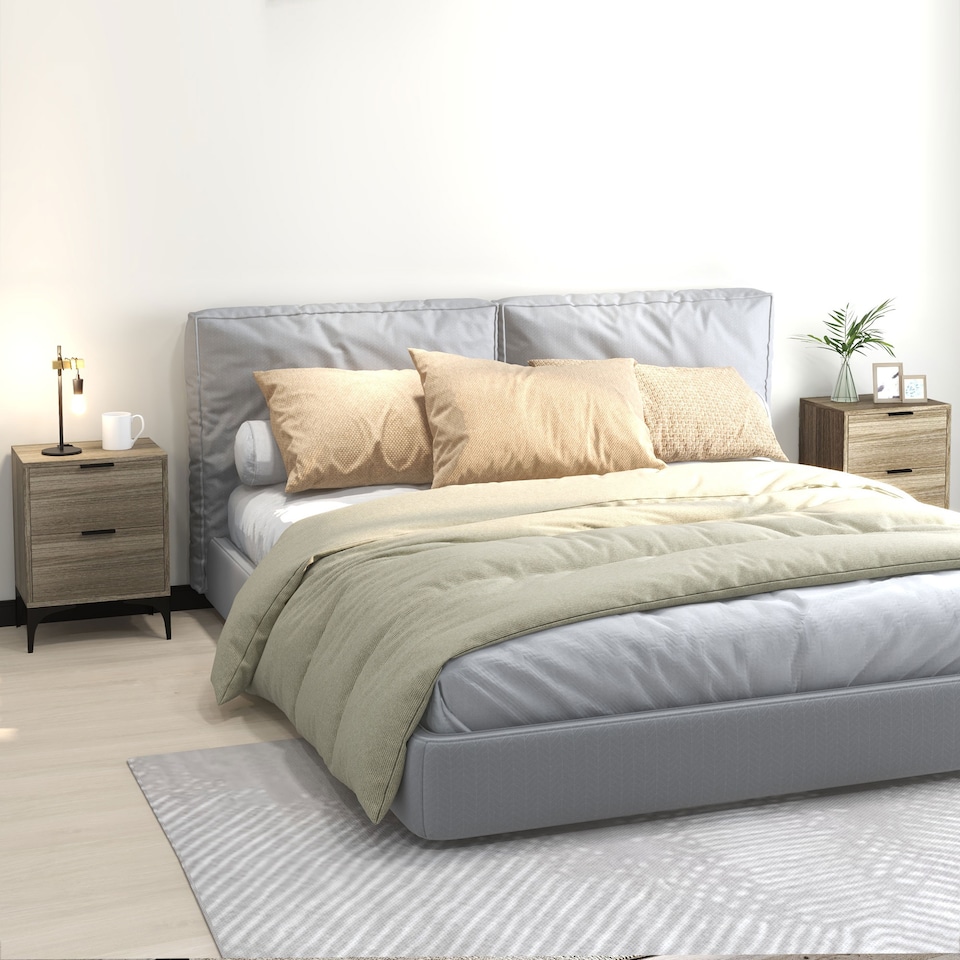 image 1 of HOMCOM Bedside Tables Set of 2, Modern Nightstand with 2 Drawers, Small Sofa End Tables with Storage and Steel Legs for Bedroom, Living Room, Grey