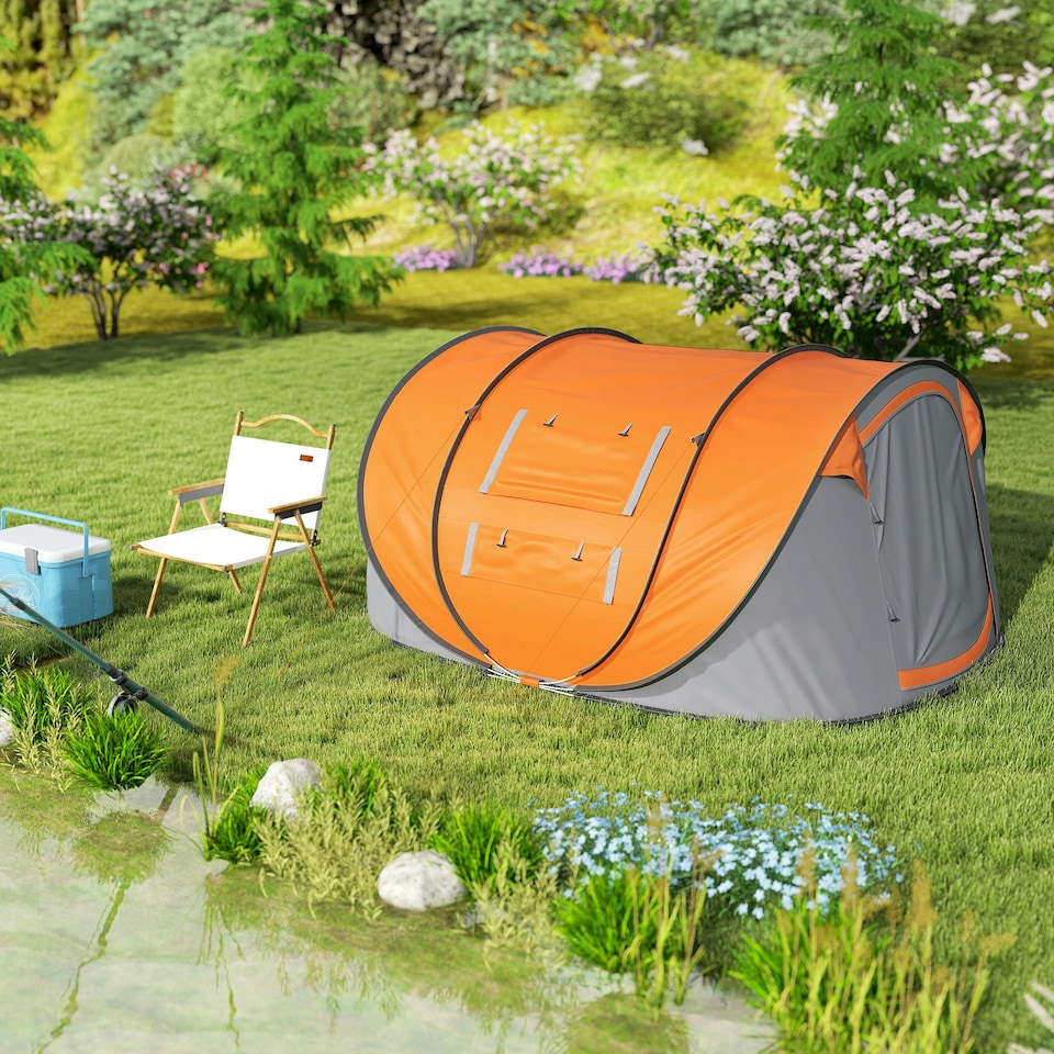 image 1 of Outsunny Camping Tent Dome Pop-up Tent with Windows for 4-5 Person Dark Green