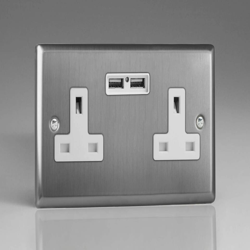 Varilight XT5U2W Classic Brushed Steel 2-Gang Double 13A Unswitched Plug Socket 2.1A USB N/A